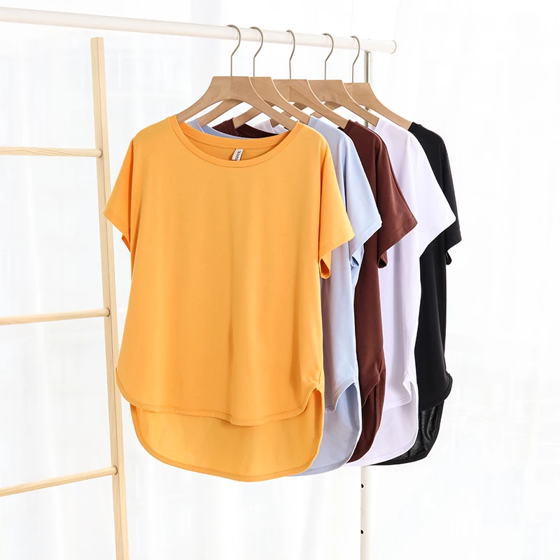100% памук, свободна ежедневни годишна женска тениска с къс ръкав, женски асиметрични тениски с кръгло деколте, потник M30326