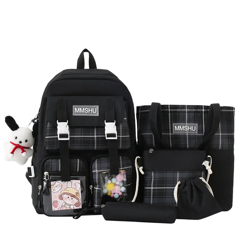 5 бр./компл., Платно женски раница в клетката, училищна чанта за момичета, кавайная чанта за лаптоп, Студентски чанта с голям капацитет