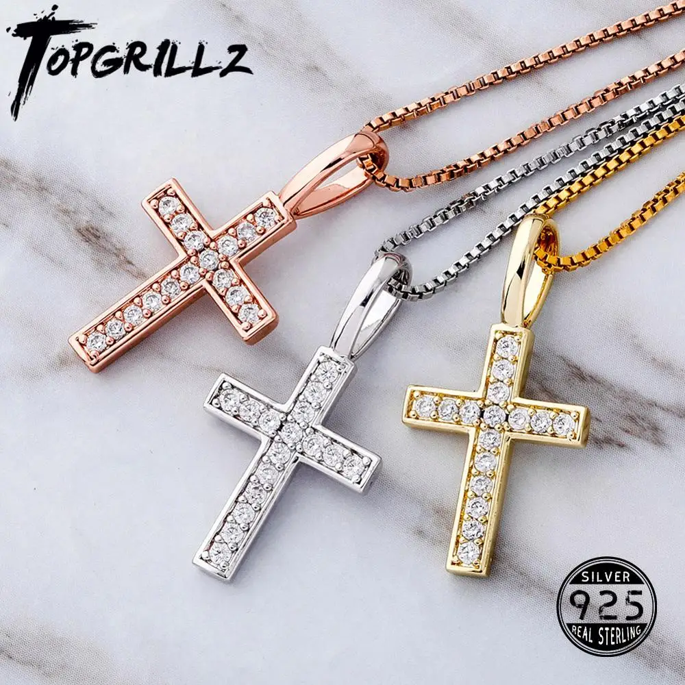 TOPGRILLZ, Висулка във формата на кръст от сребро 925 проба, Ледена циркон, Злато, Розово злато, модни бижута в стил хип-хоп