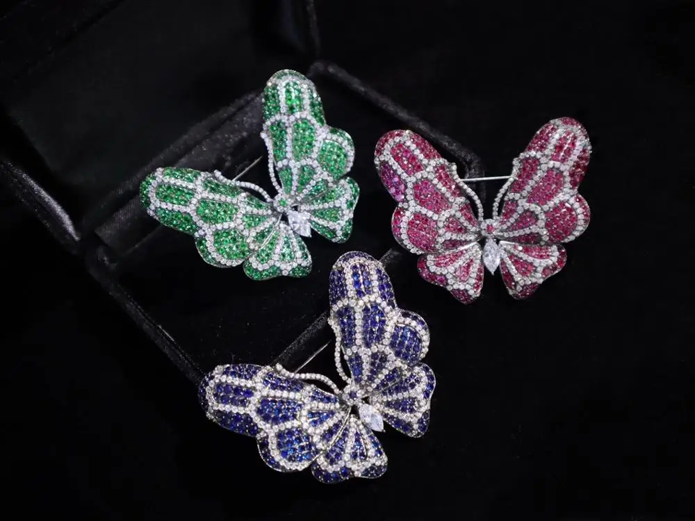 насекоми от сребро 925 проба с кубическим цирконий, брошка-пеперуда, изискана и женствена декорация-зелено, синьо, червено на цвят, безплатна доставка