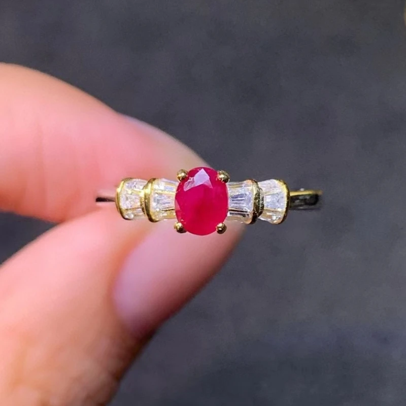 Прост 925 Сребърен Рубин годежен пръстен 0.4 карата, 4 мм*5 мм натурален рубин пръстен от 18К злато покритие Ruby бижута подарък за жена