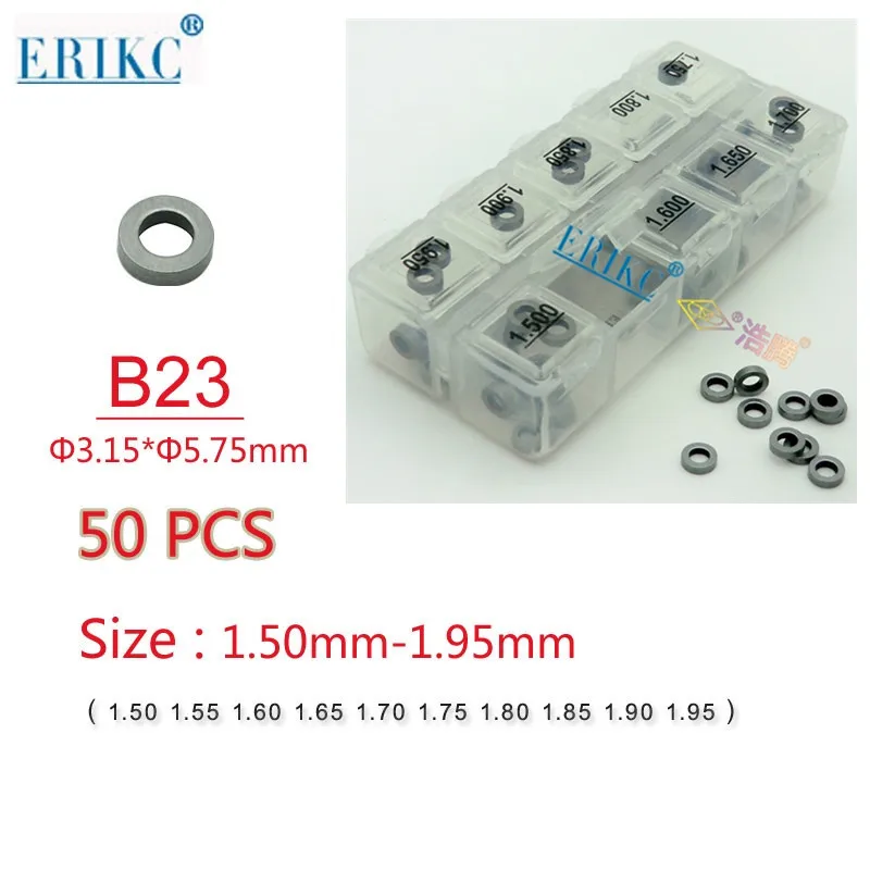 Размер шайби ERIKC B23: 1,50-1,95 мм, Изравняващи подложки за регулиране на дюзи Common Rail (брой 50 бр./лот)