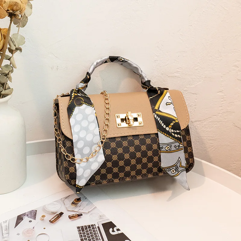 Чанта През рамо, чанта-месинджър чанта на верига с капак, женствена чанта на верига, изкуствена кожа, копринен шал, чанта през рамо, женствена чанта