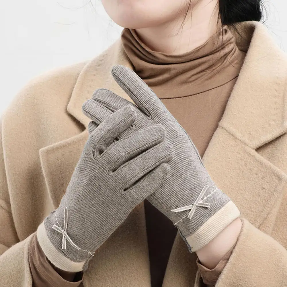 1 чифт женски зимни ръкавици с бантиком, пет пръста, дебел мек топъл ветрозащитный сензорен екран, Еластична, устойчива на плъзгане защита на китката, дама