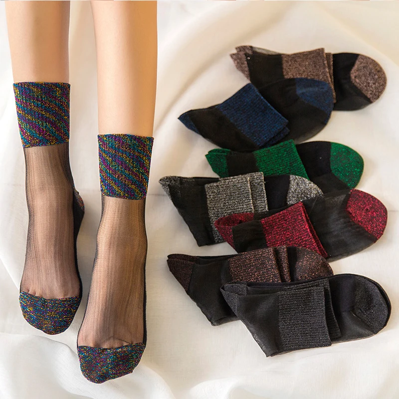 1 Чифт секси женски ултра тънки прозрачни чорапи, модни летни блестящи копринени чорапи, изработени от кристал, дантела и блестящи еластични къси чорапи