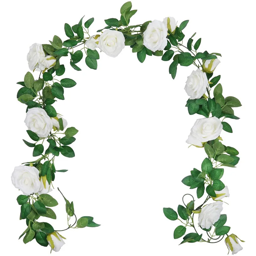 2 м от Бели Изкуствени цветя лоза Фалшив Рози Цвете Ратан за сватба, Коледна Украса Украса