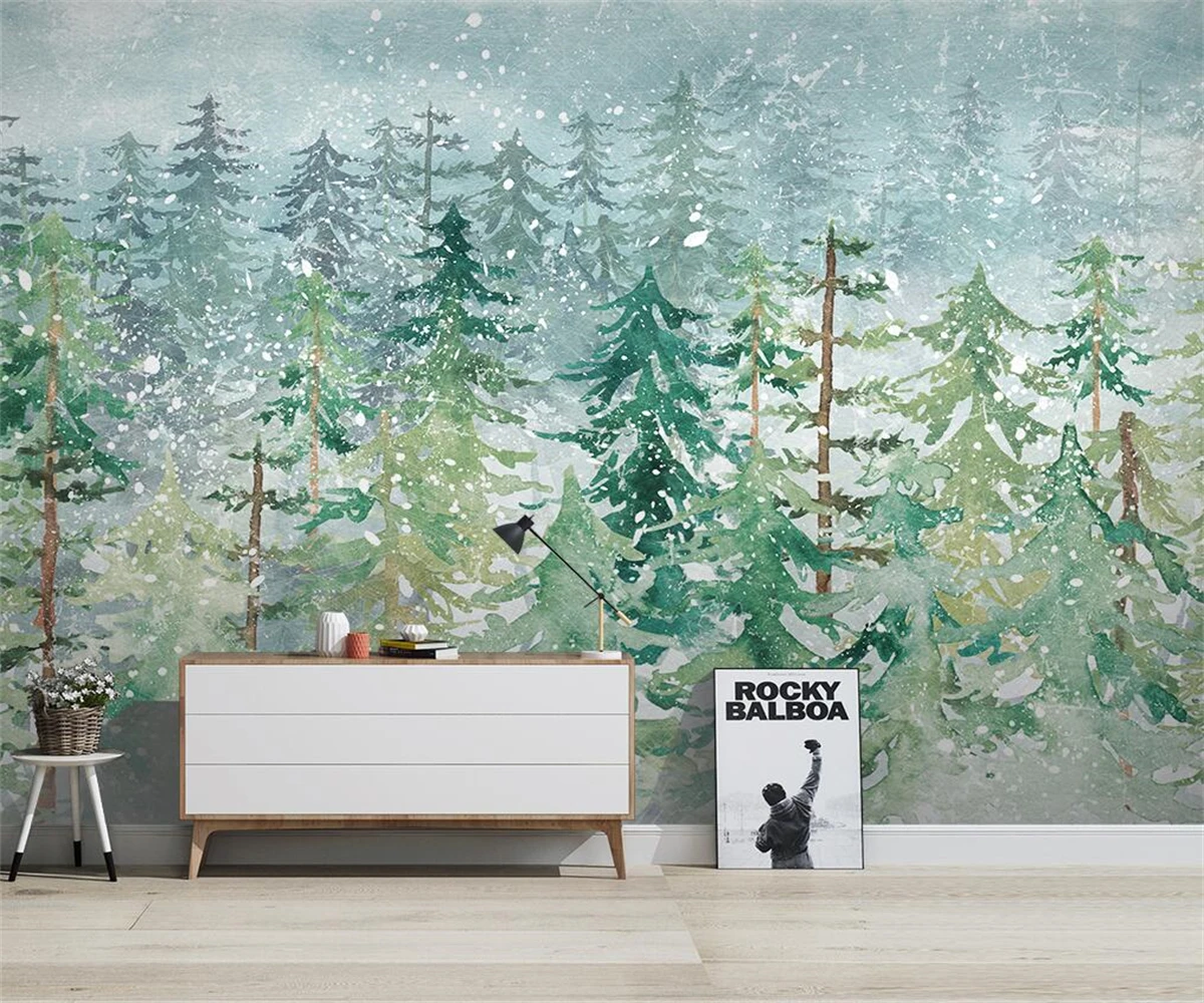 3d тапети Скандинавски ръчно рисувани борова гора, абстрактни гори акварел спалня ТЕЛЕВИЗИЯ фон на стените, 3d тапети