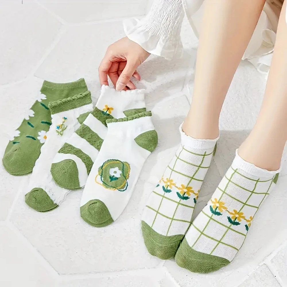 5 Двойки / лот, женски зелени чорапи Fresh с ниска тапицерия, сладки чорапи до глезена, Модни летни есенни дишащи и удобни чорапи Kawaii