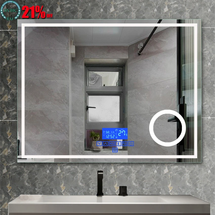 70*90 см led умно светлинно огледало за баня с увеличително огледало, трикольор регулируема светоизлучающее огледало за баня на хотела
