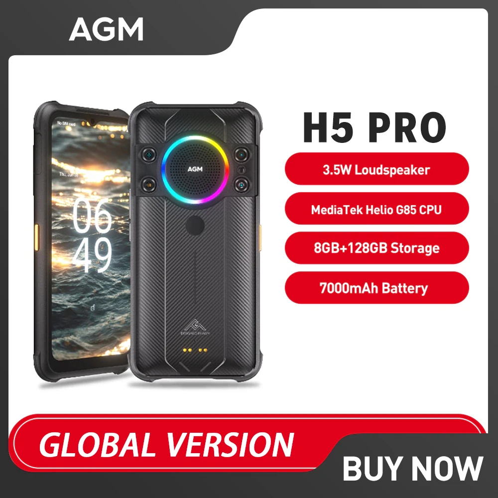 AGM H5 Pro Силни Смартфони 8 + GB 128 GB Нощен Версия Водоустойчив Мобилни Телефони MTK G85 6,5 Инча 48 MP 7000 ма Android Смартфон 12