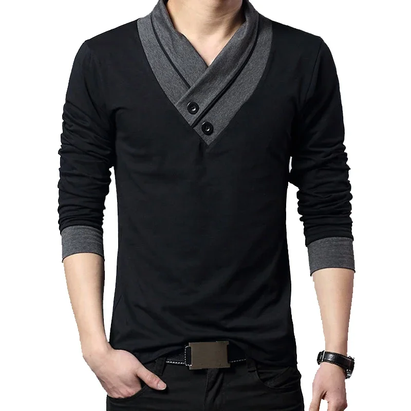 B8375 Модната марка Trend Slim Fit Тениска с дълъг ръкав, мъжки тениска с яка в стил мозайка, мъжка тениска с V-образно деколте, памучни тениски