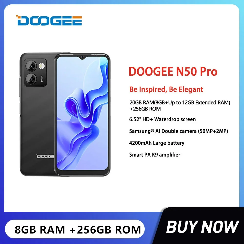 DOOGEE N50 Pro Евтини Смартфони Восьмиядерный 8 + GB 256 GB 6,52 Инча HD Android 13 Мобилен Телефон 50-Мегапикселова Камера 4200 mah Батерия, Бързо Зареждане