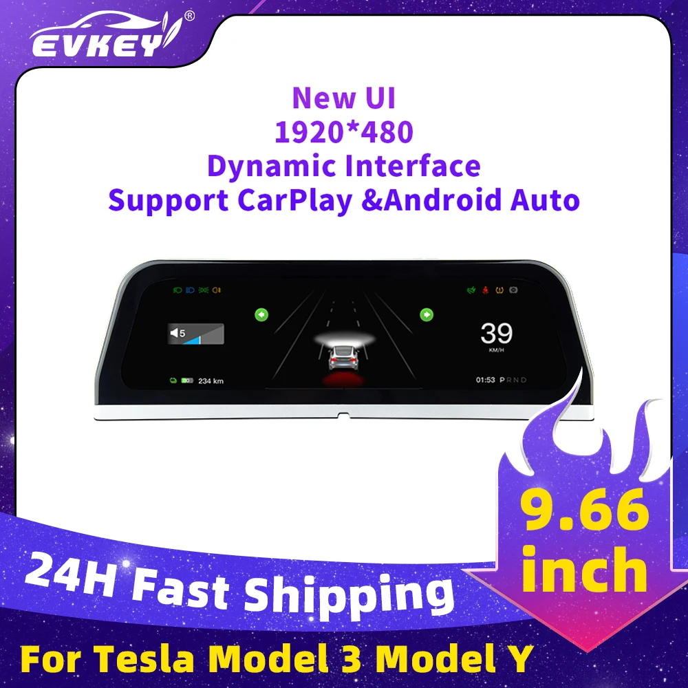 EVKEY За Tesla Heads Up Дисплей 9,66 инча HUD Модел 3 Y Цифрови Таблото Carplay Android Auto IPS Екран Auto HUD Мощност Скорост