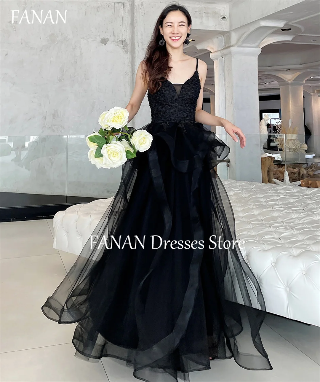 FANAN Черни вечерни рокли за партита, Модни много Нива рокля без ръкави в Корейски стил на спагети презрамки Сватбени Дамски официални рокли За бала