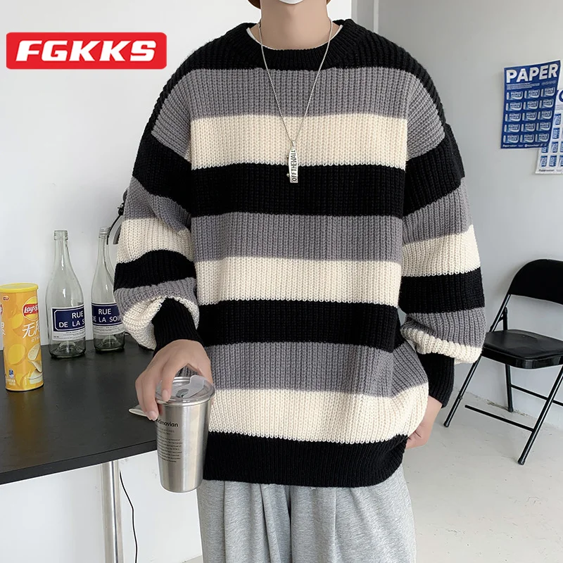 FGKKS 2023 Улицата случайни пуловер за мъжете топ в ивица от чист памук, с плюшем, висококачествени дизайнерски пуловер за градинска облекло за мъже