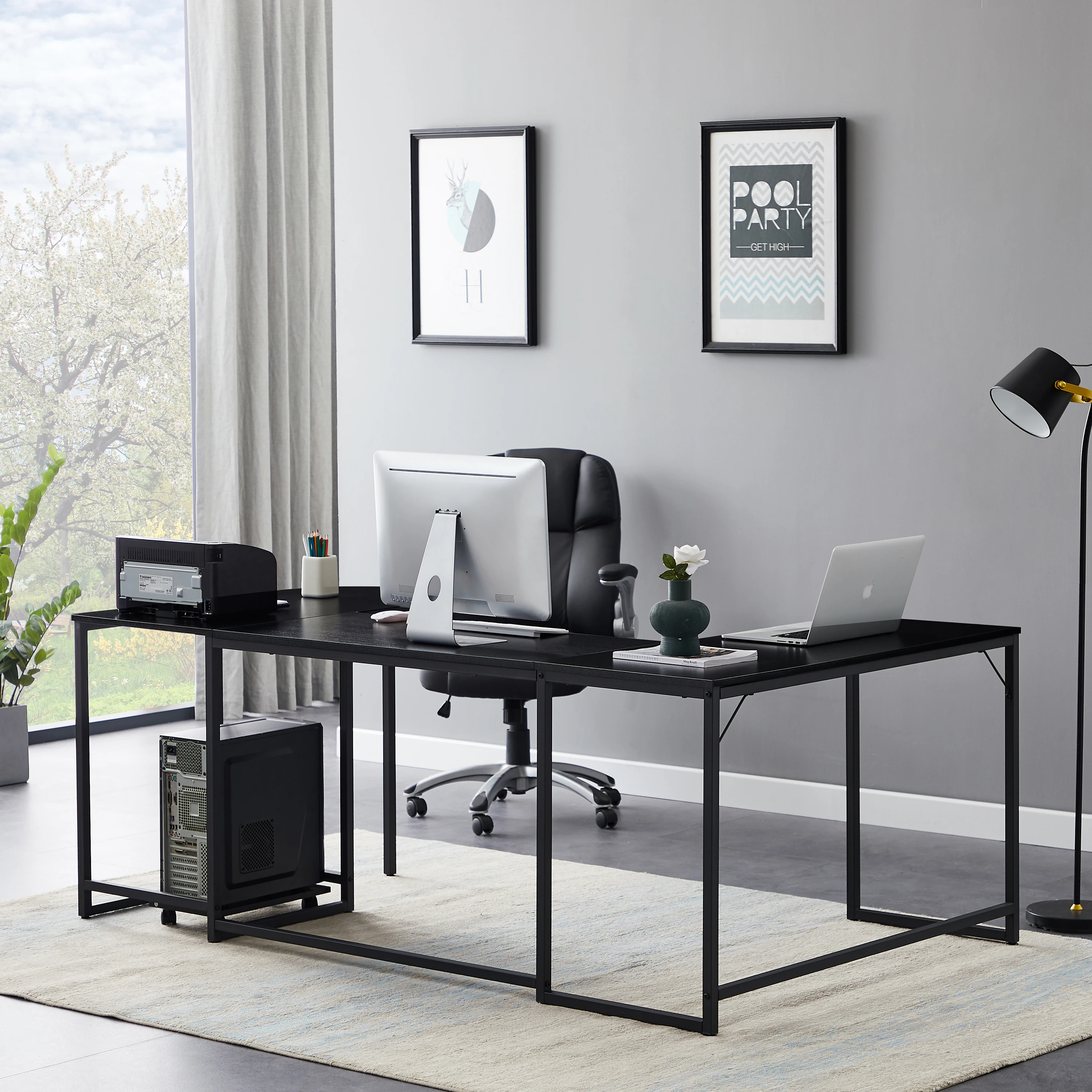 U-образна форма компютърна маса, Промишлен ъглово бюро с поставка за процесор, Игри на маса, Работно бюро за домашния офис (черен)