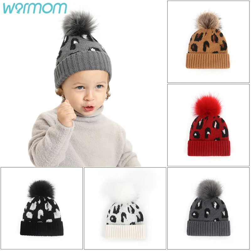 Warmom/ Вязаная детска шапчица с качулка и леопардовым принтом, голяма топка за коса, топла детска шапчица, възли памучни шапки за момчета/ момичета, подарък за деца, детска шапчица
