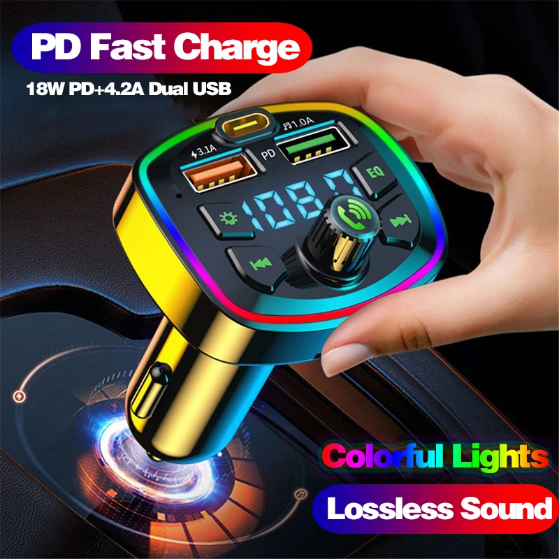 Автомобилен Bluetooth Запалки За Пури, Радио FM Трансмитер PD 18 W Type-C Dual USB 3.1 A Цветна Дифузната Светлина на Зарядното Устройство MP3 Музикален Плейър