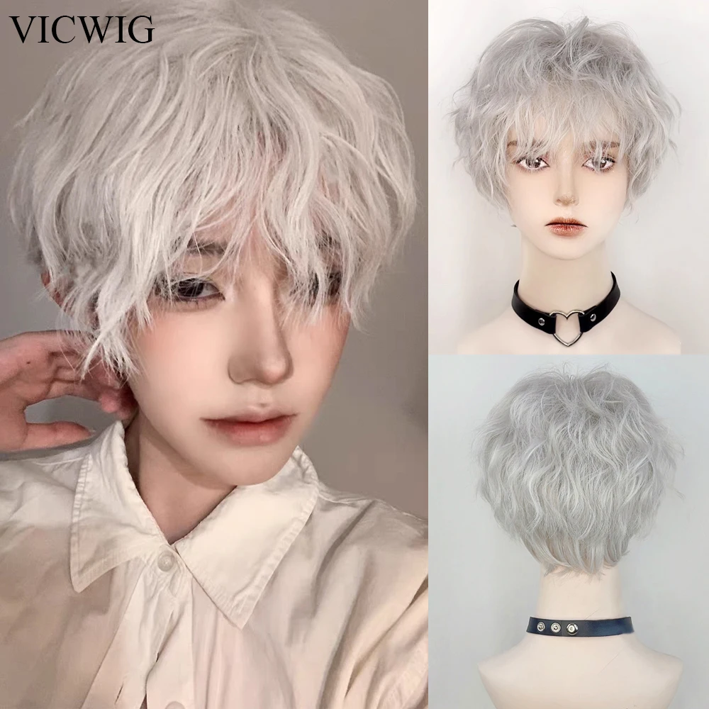 Бяло-сив Аниме-cosplay Извратени синтетичен кратък перука с бретон за жени и мъже, пухкави естествена коса, огнеупорни перука за парти