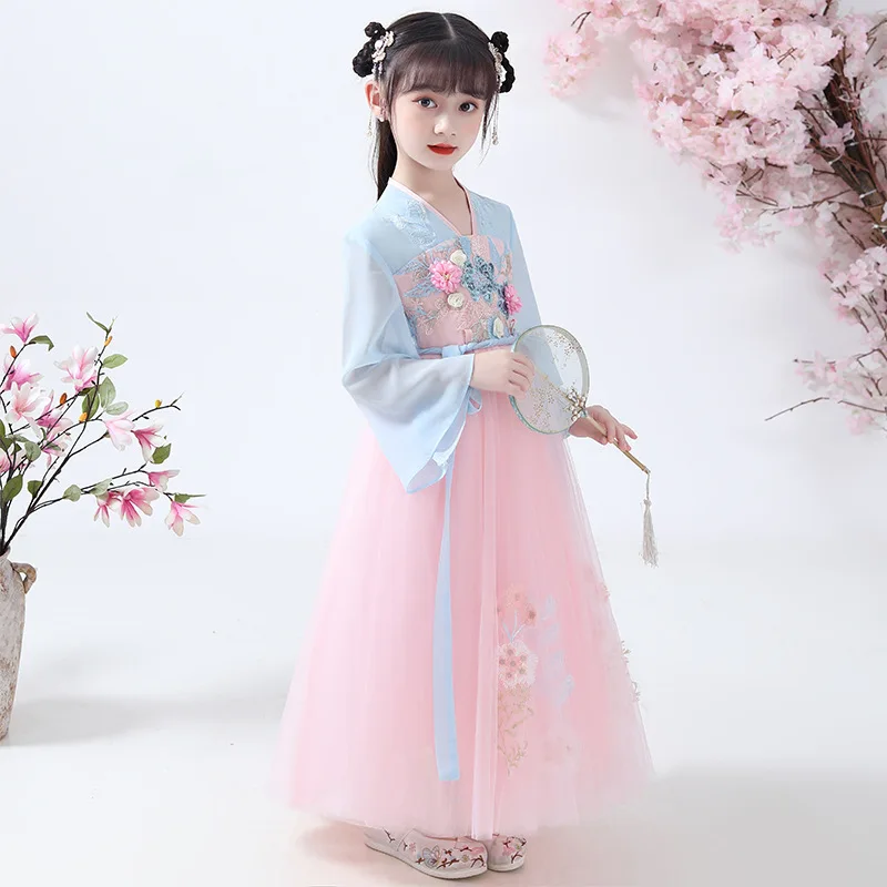 Годишният Нов шифоновый детски костюм с бродерия Tang За момичета, къс ръкав, детски костюми за изява в Древен Ханфу