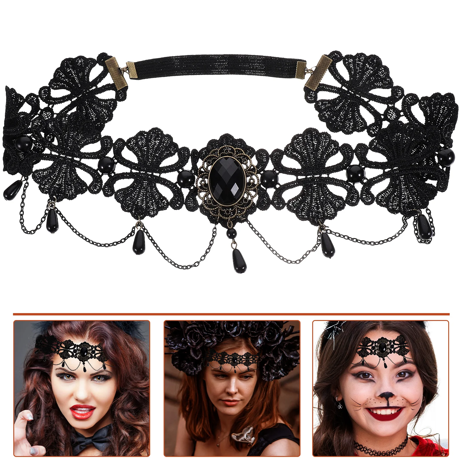 Готическата черна превръзка на главата, стилни превръзка на главата за жените, реколта перлена еластична лента за коса, короната на челото, украса за костюмированной партита