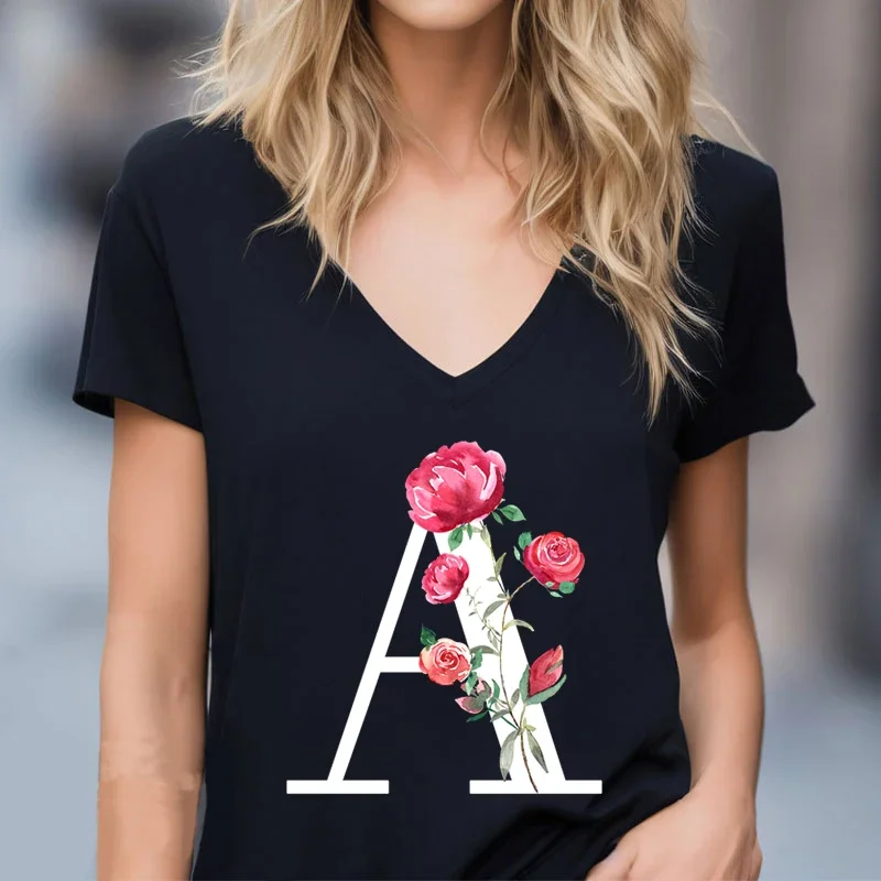Дамски Гореща разпродажба, Черна тениска, Розова Тениска с цветен модел на азбуката, Дамски тениски с къс ръкав, Ежедневни Свободни тениски с азбука с V-образно деколте