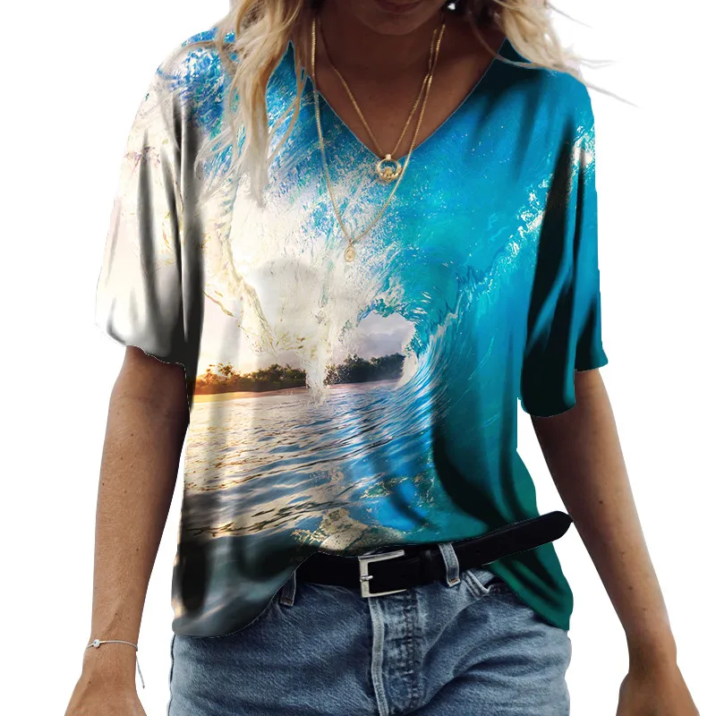 Дамски Летни Нови тениски с 3D-принтом с V-образно деколте, модни ежедневните Свободни пуловер с къс ръкав, многоцветен облекло