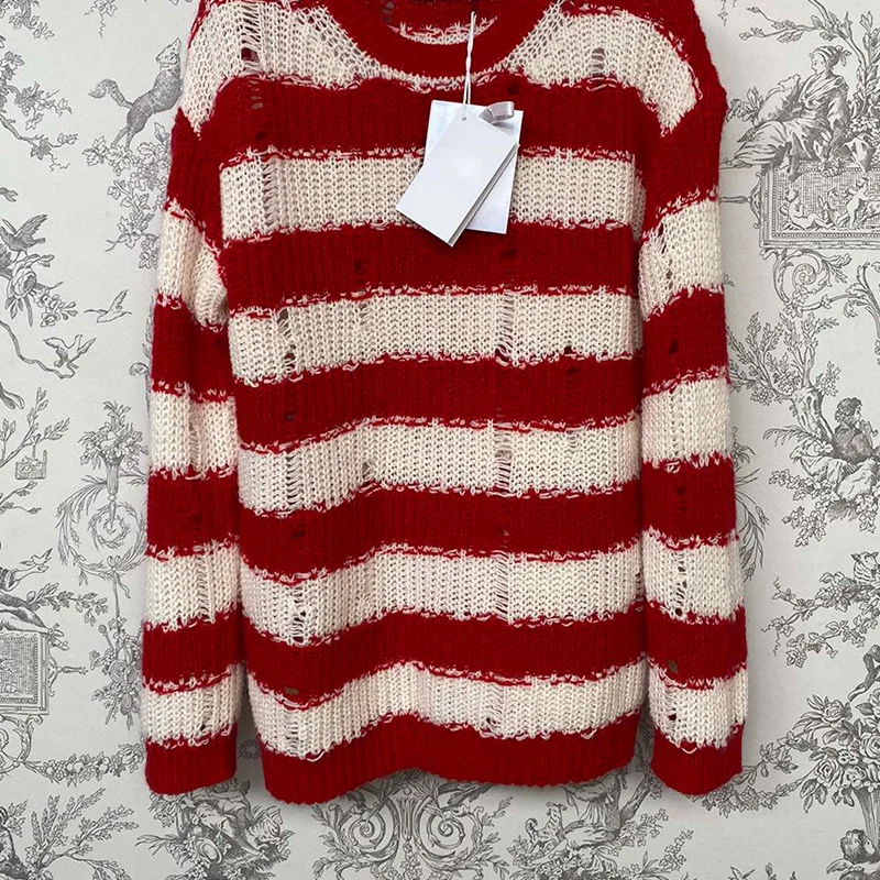 Дамски пуловер в червено-бяла ивица от смес от вълна и мохера, Елегантен Външен Случайни пуловер свободна плетени, пролетни дамски офис джъмпери, топ