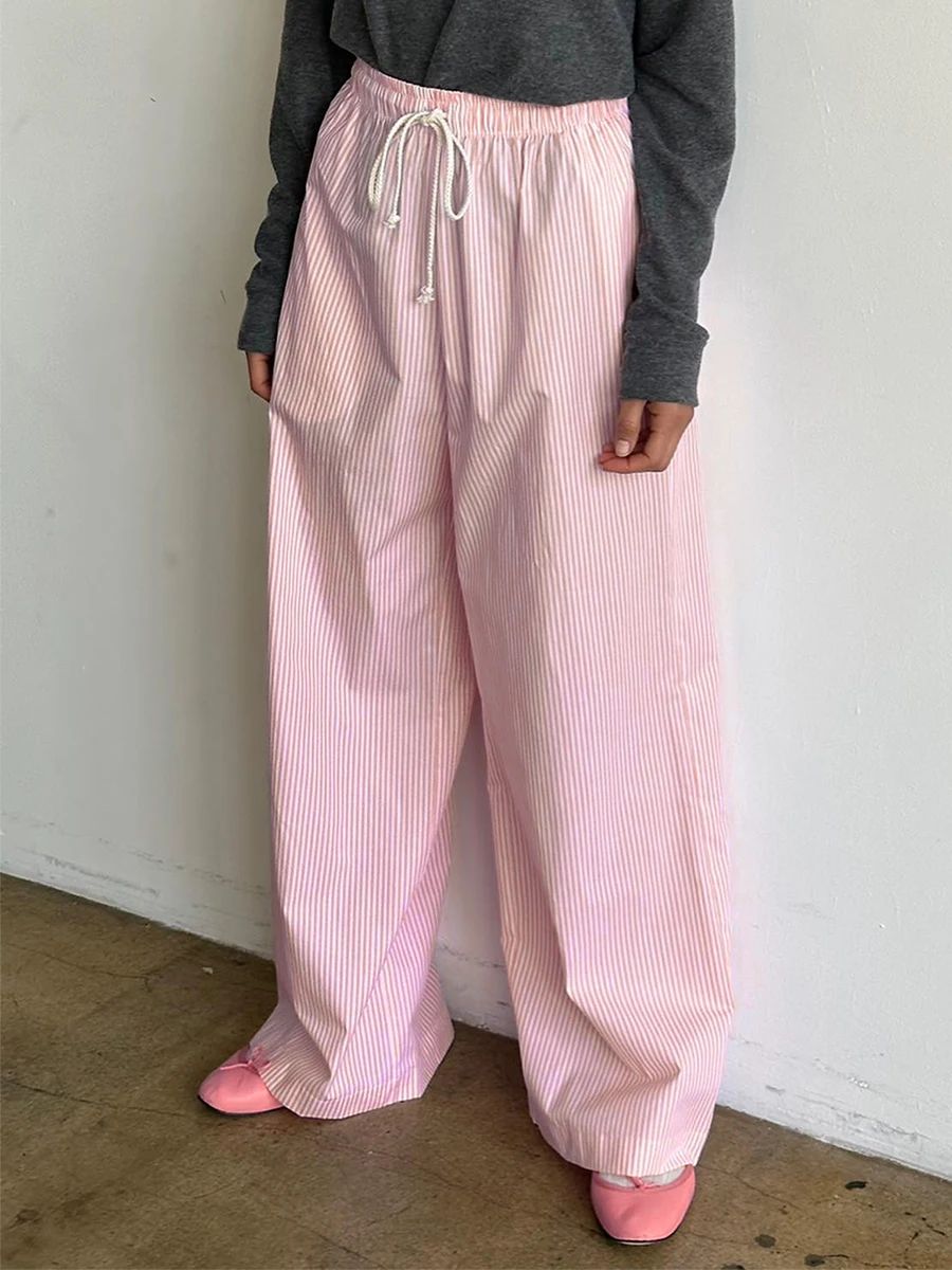 Дамски шарени панталони Y2K, свободни широки панталони в тънка ивица с принтом, ежедневни панталони за отдих с висока талия и завязками, градинска облекло