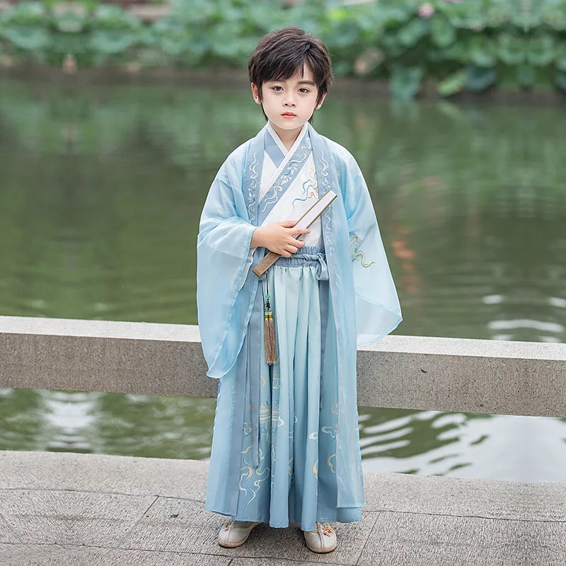 Детска бяло-синята китайски дрехи Hanfu с принтом, костюми от епохата на Тан, е една чудесна идея за момчета, рокля на Древна принцеса с пайети