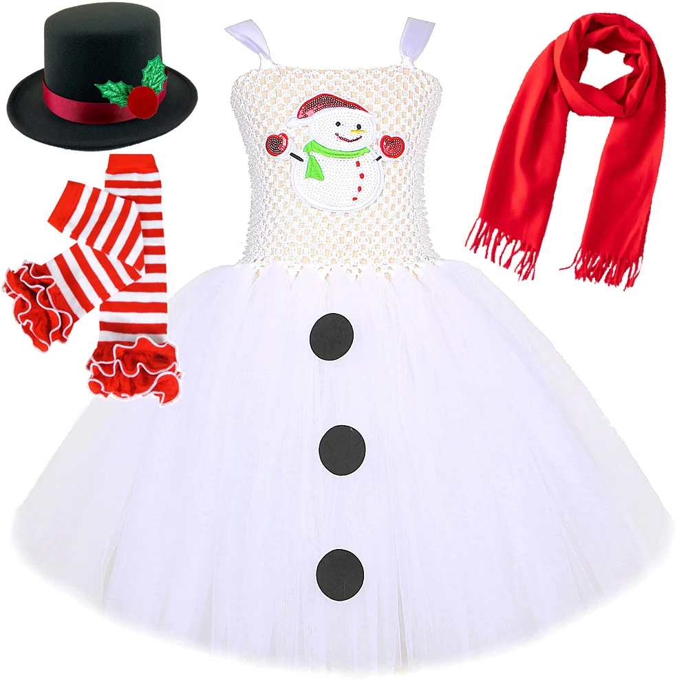 Детски снежен костюми за момичета, рокли на принцеси за коледно парти, детски коледен костюм, коледна дрехи, с шапка, шал, чорапи