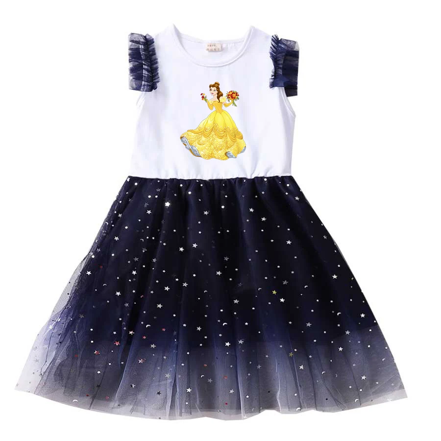 Диснеевская Красавицата и звяра, Летни детски рокли за момичета, детски мультяшное принцеса рокля с къс ръкав, детски мрежести рокли за бала