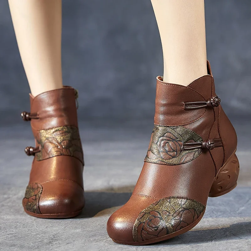 Есенно-зимни ботильоны на дебелите обувки, дамски топли ботуши, обувки ръчна изработка от естествена кожа с цип в ретро стил.