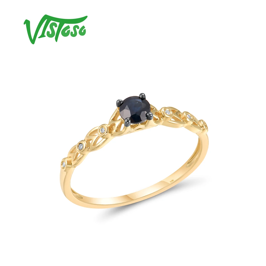 Женски пръстен от жълто злато VISTOSO Истински Пасианс 14К 585 проби, Искрящ диамант, Син сапфир, Минималистичные изящни орнаменти