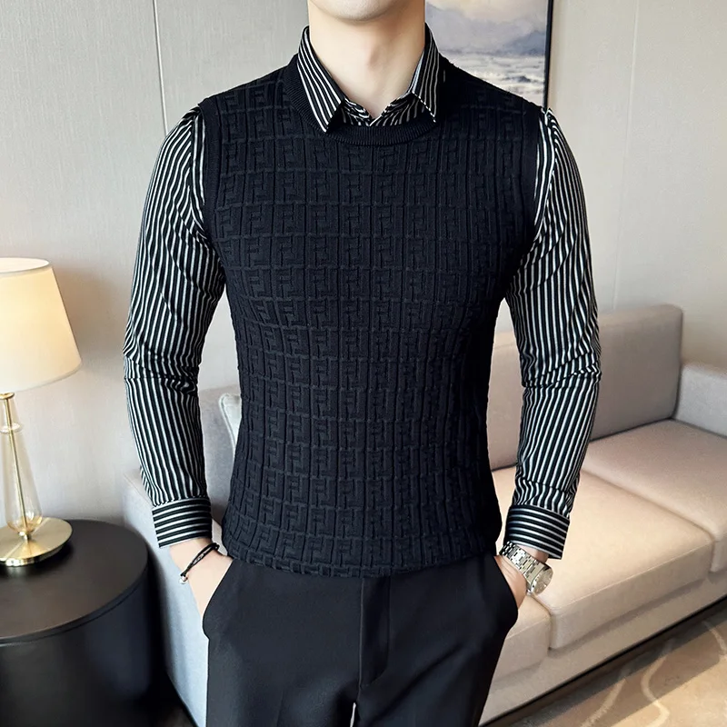Качествена и луксозна fake-2 броя, Ивичест пуловер с дълъг ръкав, мъжки дрехи, бизнес Всекидневни Плетени пуловери приталенного намаляване, Pull Homme