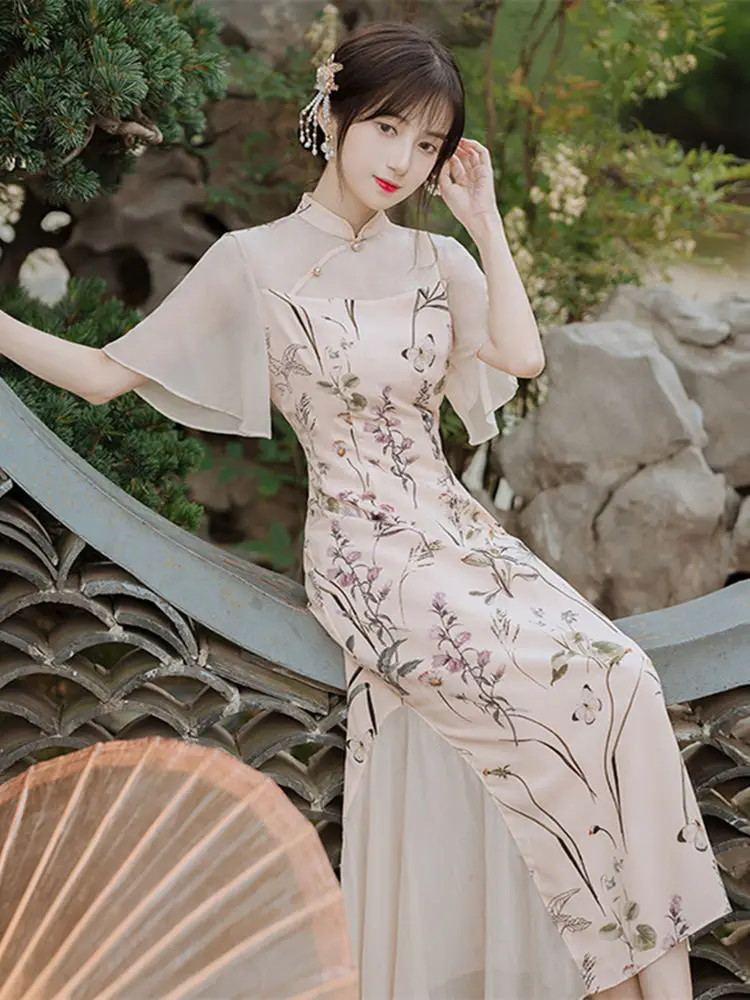 Китайското рокля Рокля 2023, Промяна в ретро-стил, С Къси ръкави И Принтом, Высококлассное Елегантна Рокля За Отслабване Qipao Chi-pao