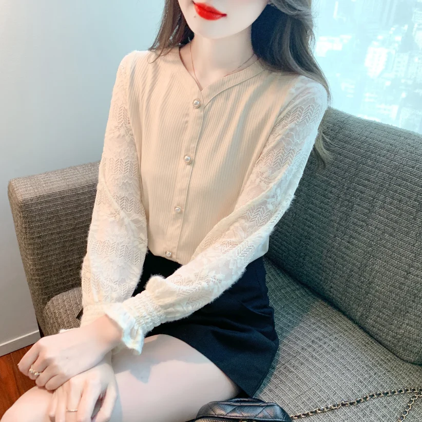 Корейската бродирани лейси дамска блуза с изгорени ръкави, вязаная на една кука с цветен модел, ежедневни модерен елегантен шифоновая риза, пролетно новост