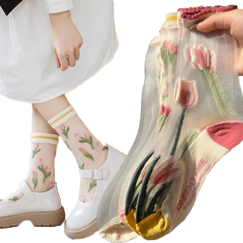 Лято Корейски Чорапи с Флорални Принтом за Жени, Тънки Прозрачни Копринени Чорапи с Кристали, Harajuku, Сладки Чорапи С Цветен Модел За Момичета, Kawai