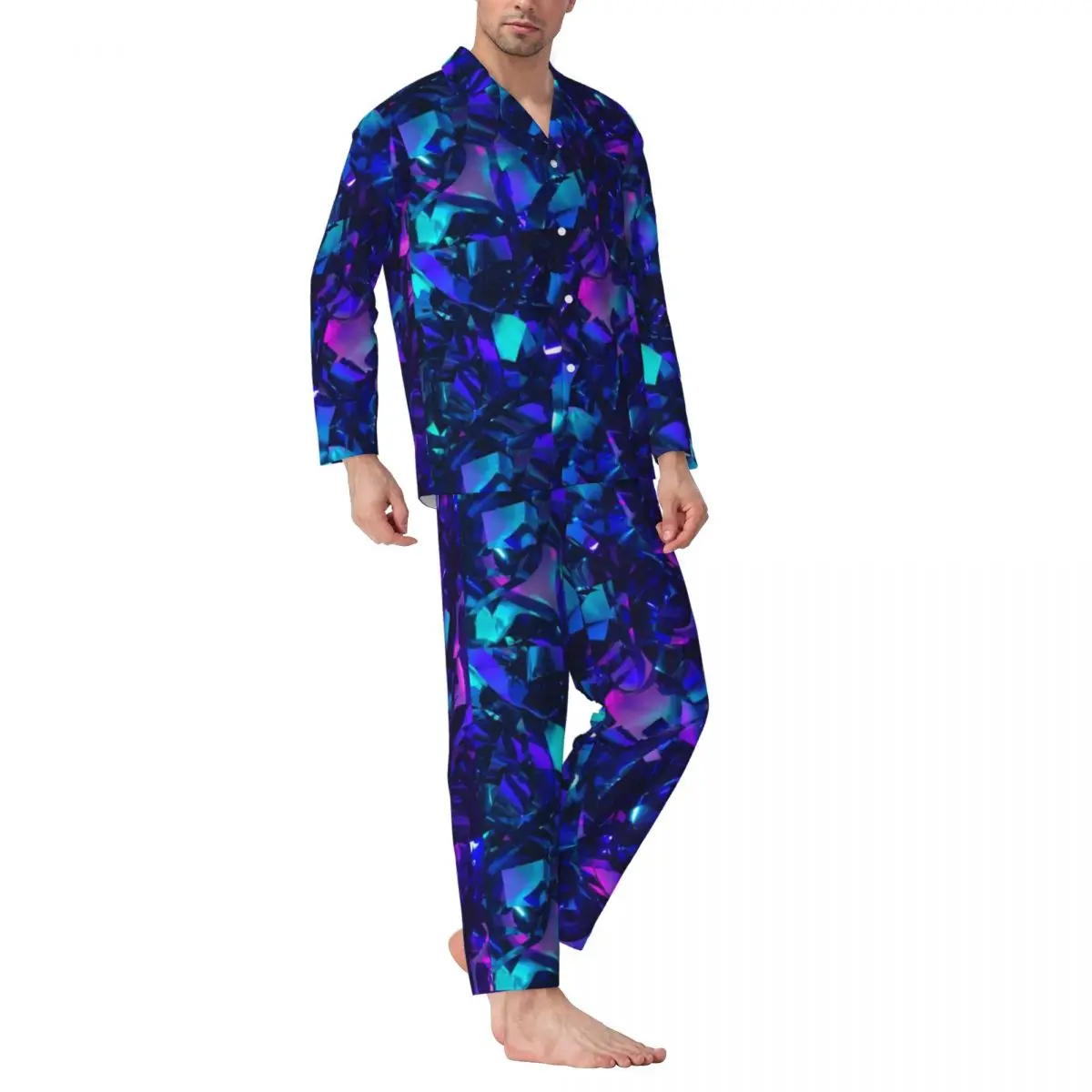 Метална абстрактна пижами, Есенни цветни пижамные комплекти в съвременен стил в изкуството, Реколта пижамные комплекти Оверсайз, мъжки модни дрехи за сън с дълъг ръкав