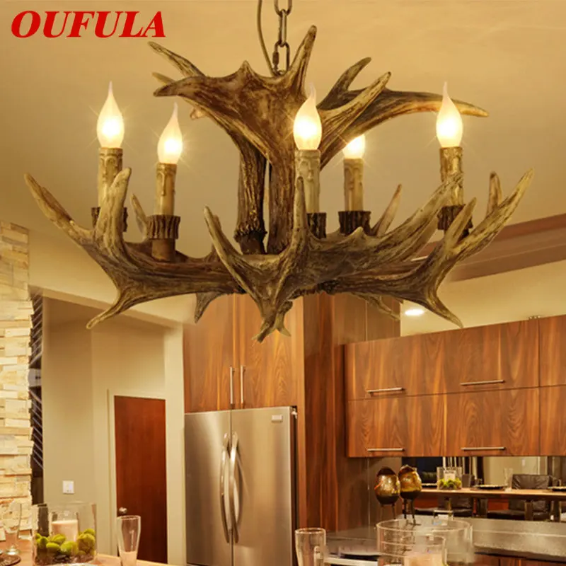 Модерен полилей от рога на елени OUFULA LED Творчески окачен лампа от смола в ретро стил осветителни Тела за дома Хол Трапезария Бара Кафене