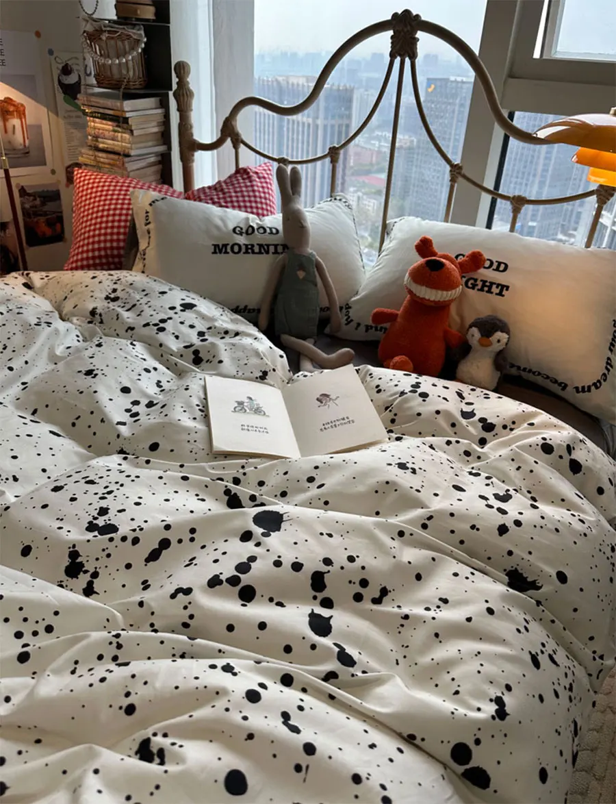 Модерен стръмен черен геометричен комплект спално бельо двоен full queen, модерен памук домашен текстил в десен на точки, чаршаф, калъфка за възглавница, чаршаф