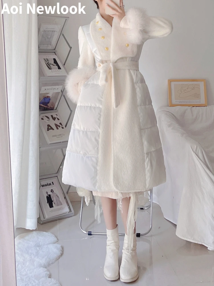 Модерно дамско яке в бяло утином топола, зимни новост, със средна дължина, елегантно палто в корейски стил с шнур на кръста, сшитое от вълна.