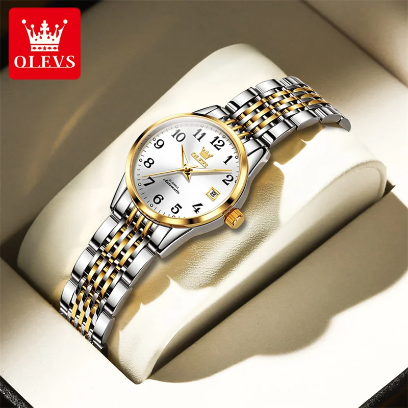 Модни часовници на марката OLEVS За жени, луксозно женствена рокля от неръждаема стомана, автоматични механични часовници, водоустойчиви Reloj Mujer