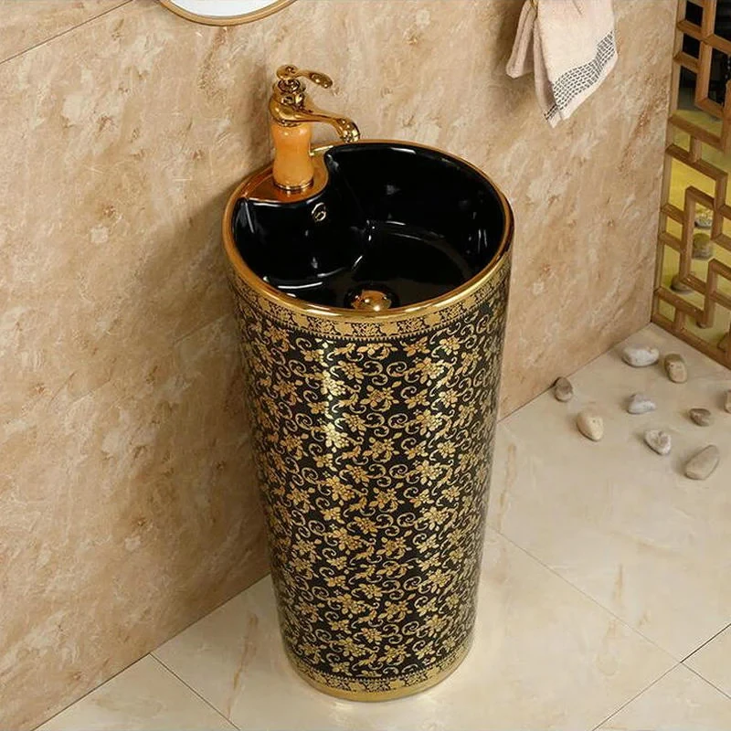 Мозайка Златисто-черна Кръгла мивка върху основата на Керамична Мивка за баня с поставка за тоалетна мивка