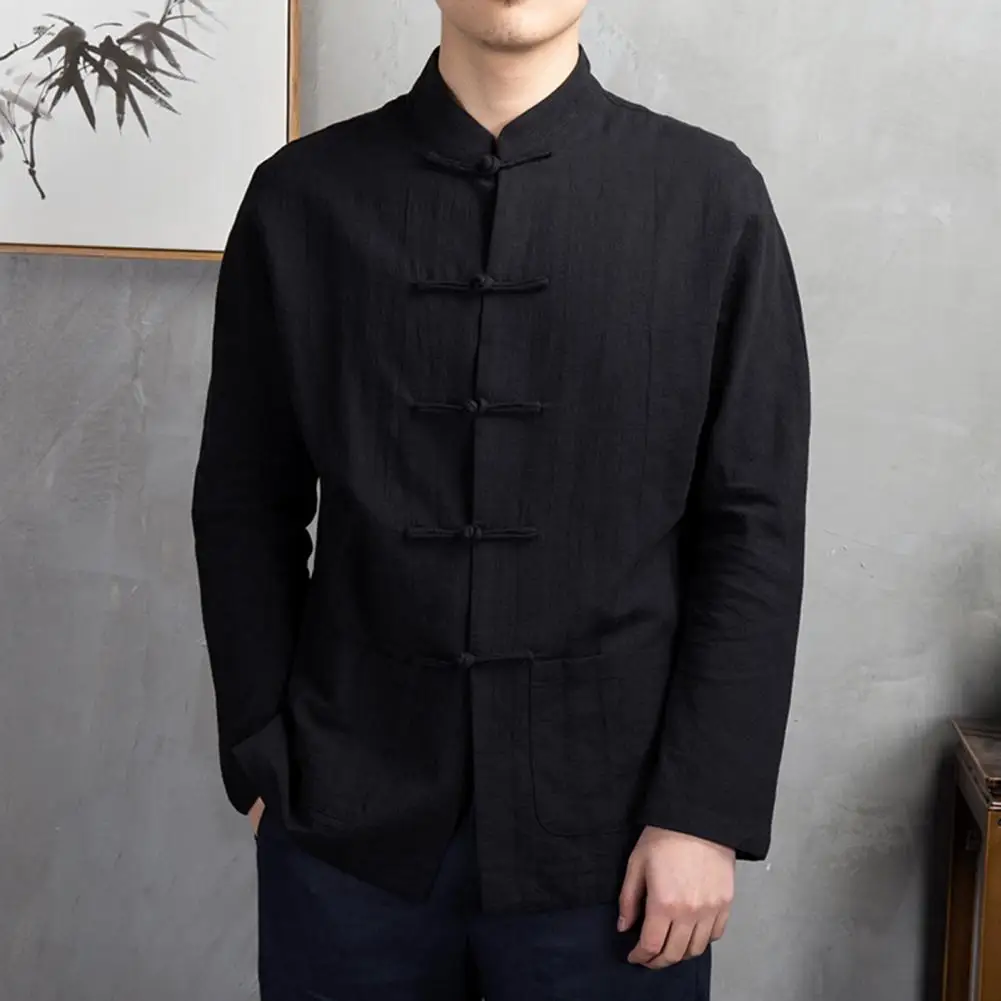 Мъжки есенна риза в китайски стил, яка-часова, джобове с дълъг ръкав, Дискова пуговица, Традиционна риза Кунг-фу, Тай-чи, върхове Тан U