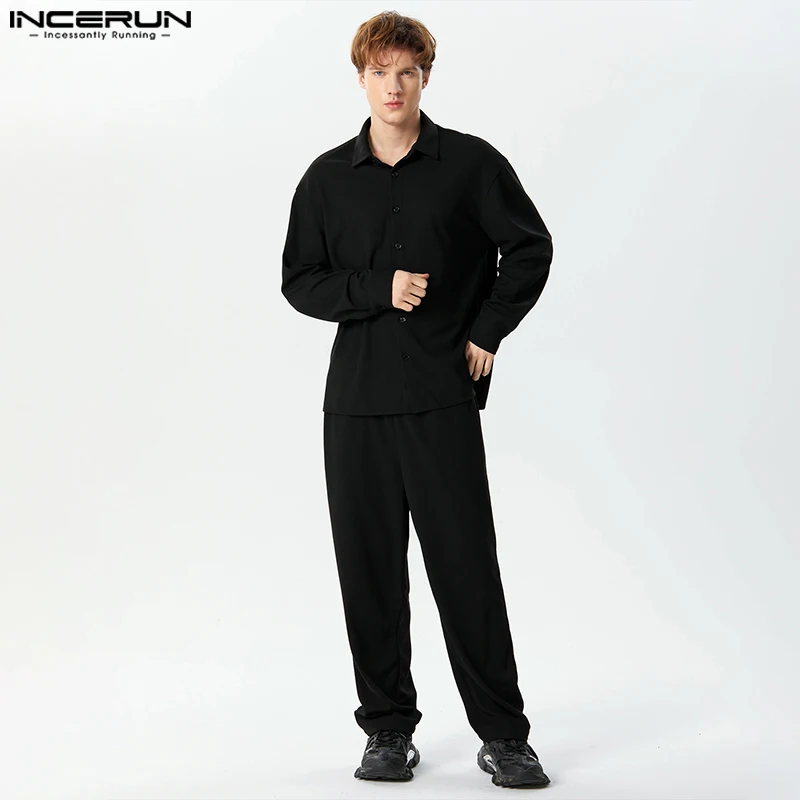 Мъжки комплекти в Американски стил, Обикновен Универсален Ризи С дълъг ръкав, Панталон, Модерен комплект от две части на Прост текстура, S-5XL, INCERUN 2023