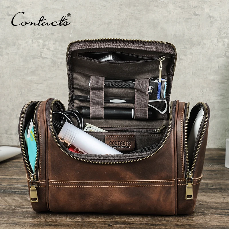 Мъжки косметичка CONTACT от естествена кожа, пътни чанти за тоалетни принадлежности, дизайнерска чанта за грим с горната дръжка, Просторен органайзер за козметика