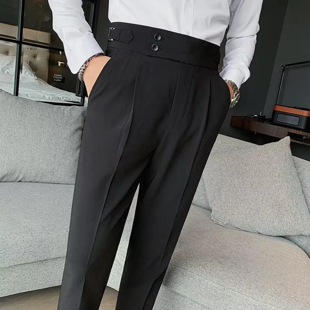 Мъжки панталони Класически мъжки офис панталони приталенного намаляване с висока талия, реколта джобове за официална бизнес стил, елегантни, официални панталони