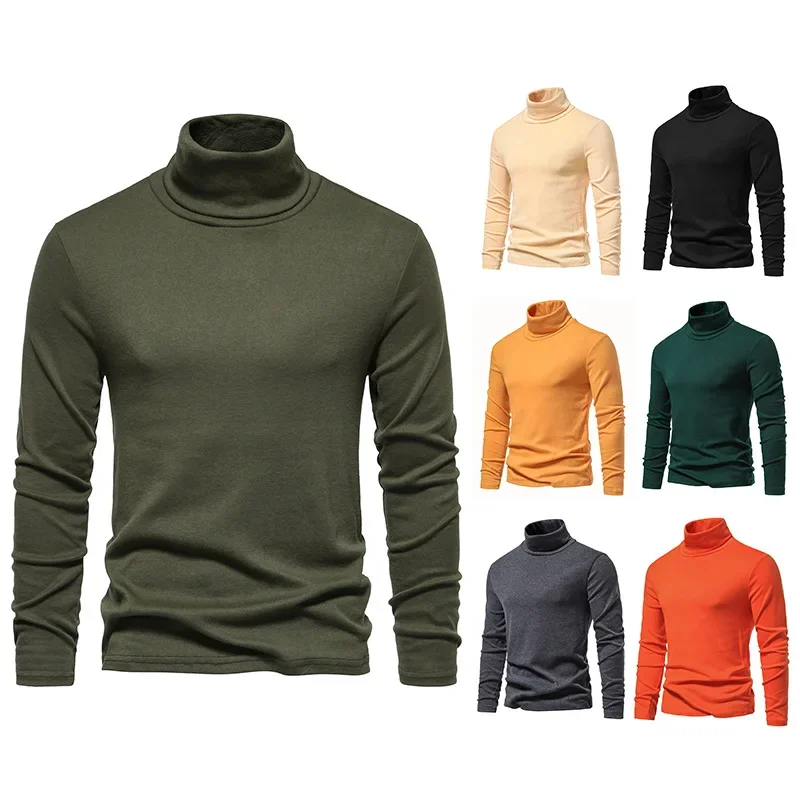 Мъжки Пролетта и Есента на База мек вълнен плат пуловер с висока воротом 2023 Г., Тениска с дълъг ръкав на лигавицата