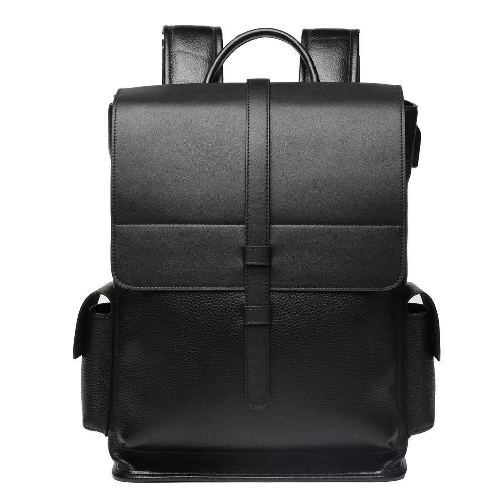 Мъжки раница от естествена кожа BISON DENIM, 14-инчовата чанта за лаптоп, водоустойчива раница с USB порт за зареждане, училищен раница